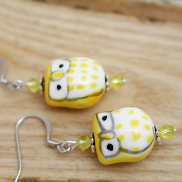 Yellow Hand Painted Porcelain Owl Earrings - Handmade & Hypoallergenic - Picture 2 of 7